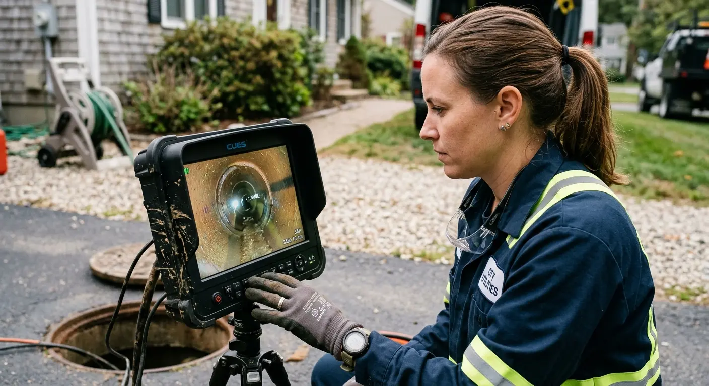 Technician reviewing sewer camera inspection footage in Emmett
