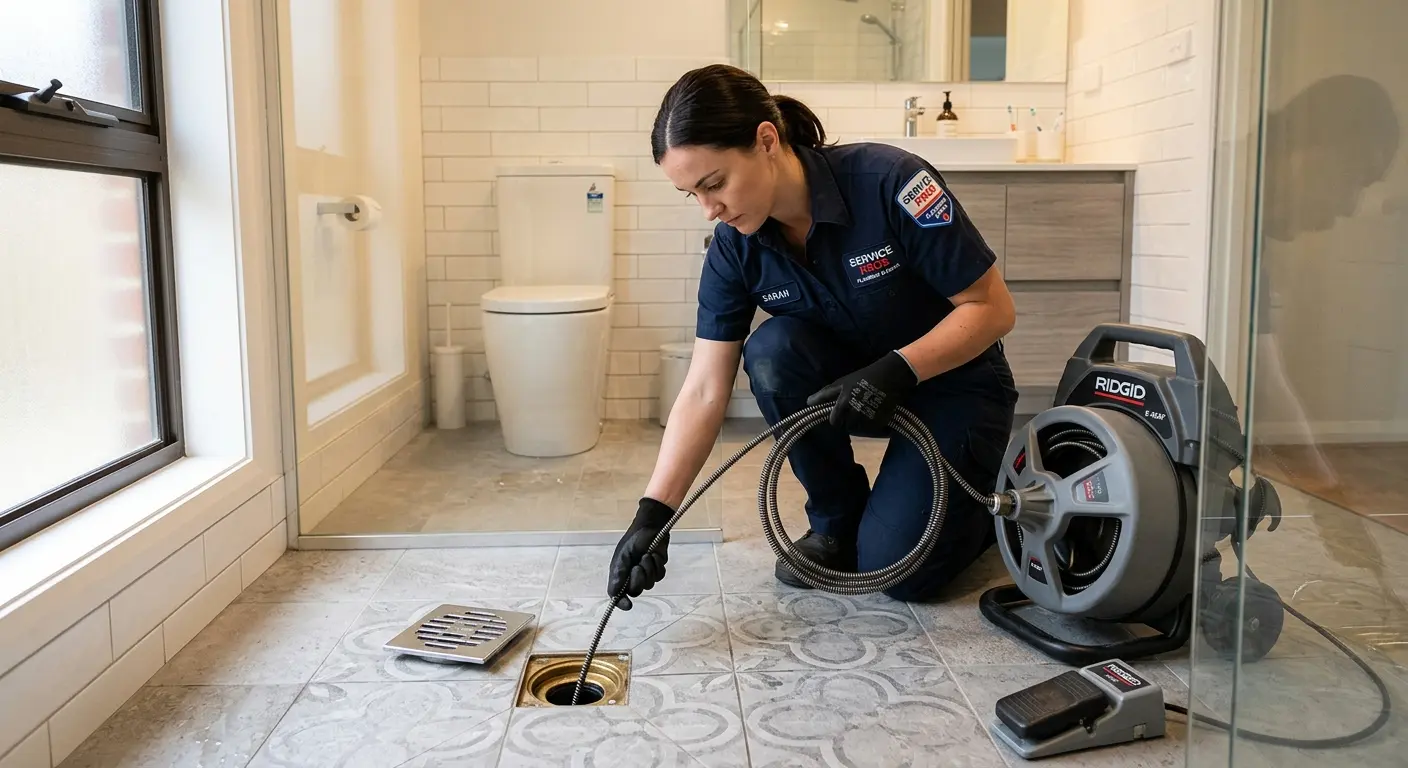 Technician clearing a bathroom floor drain for Drain Repair in Emmett